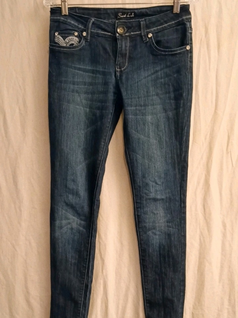 Classic Rhinestone Premium Women's Stretch Skinny Fit BLUE Denim Jeans Size 5